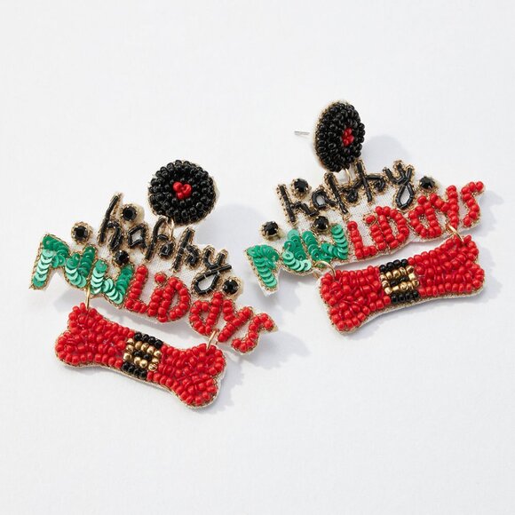 Dog Cat Pet Lovers Seed Beaded Rhinestone India Artisan Christmas Earrings NEW - Picture 3 of 4
